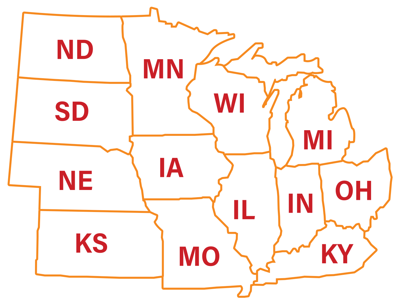 Map showing these states: Illinois, Indiana, Iowa, Kansas, Kentucky, Michigan, Minnesota, Missouri, Nebraska, North Dakota, Ohio, South Dakota, and Wisconsin